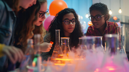 Teenagers gathered at a DIY science experiment party, conducting fun and educational experiments together under the guidance of a mentor. Dynamic and dramatic composition, with cop