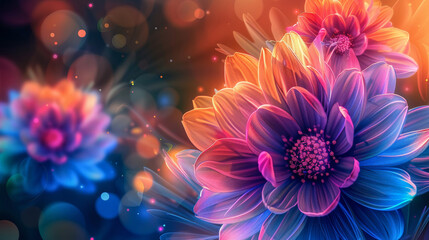 Abstract neon background with flowers in violet, orange, purple colors