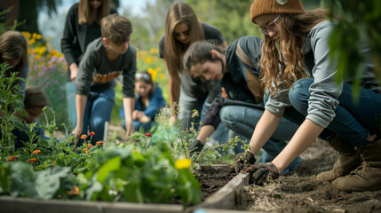 Teenagers gathered at a community garden for a planting party, working together to plant flowers, vegetables, and herbs while enjoying each other's company. Dynamic and dramatic co