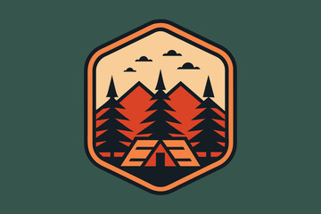 camping logo vector line style. Retro summer camp badge graphic logo emblem design