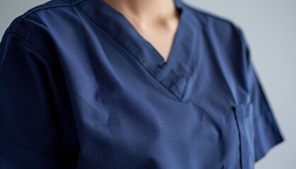 Detail shot of a nurses torso in navy blue scrubs, focused on the fabric texture against a minimalist backdrop