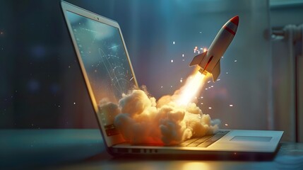 Rocket launching from laptop screen, tech startups digital marketing innovation campaigns