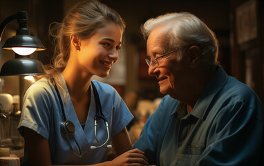 Fototapeta premium Nurse and elderly man sitting at table. Generative AI
