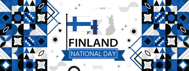 FINLAND national day banner with map, flag colors theme background and geometric abstract retro modern colorfull design