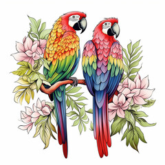 Two parrots sitting on branch with flowers. Generative AI