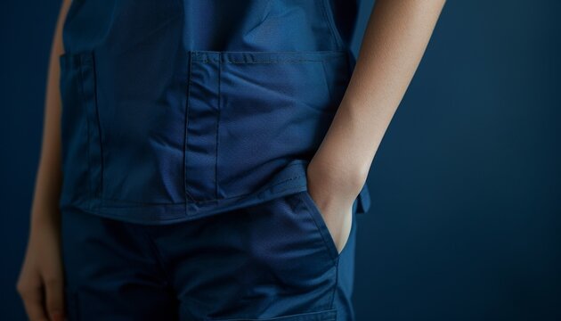 Detail shot of a nurses torso in navy blue scrubs, focused on the fabric texture against a minimalist backdrop