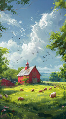 Red barn in green field painting. Generative AI