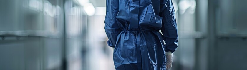 Crisp image of a patient s torso in a navy blue hospital gown, symbolizing the care and treatment environment