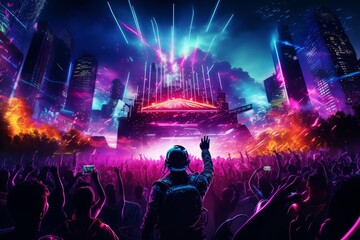 Neon color of an exhilarating rock concert, vividly captured in cyberpunk 80s colors, complete with a synth wave illustration template