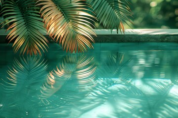 Fototapeta na wymiar The reflection of palm leaves on a concrete tile next to a pool