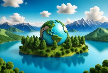 World environment day with trees mountains buildings water blue sky clouds and world globe behind all of them 3d concept