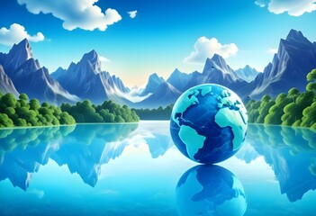 Naklejka premium World environment day with trees mountains buildings water blue sky clouds and world globe behind all of them 3d concept