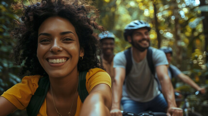 A close-up selfie of a young multi-ethnic woman biking with friends in a forest.
