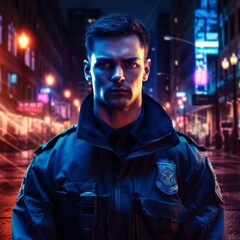 Portrait of a police officer with Glow HUD big icon of a badge