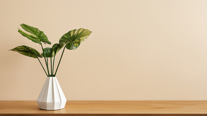 Minimal Plant on wooden table, Modern organic shaped vase. Beige wall background. Elegant minimal interior, home decor.