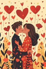 Couple Kissing in Field of Hearts