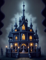 Mysterious Haunted Mansion on a Full Moon Night with Ghostly Skulls and Eerie Atmosphere, Perfect for Halloween Themes and Spooky Concepts