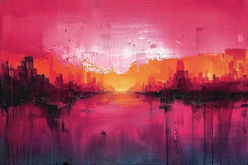 Abstract painting of a sunset over the city, pink and purple