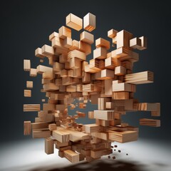 The digital artwork conveys the idea of progress and advancement in business by depicting a skillfully crafted structure of wooden blocks as a symbolic representation of success