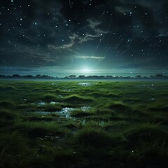 The grassy field glistening with dew under the floodlights, creating a surreal and magical atmosphere