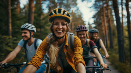 A young woman smiling and cycling in the forest with friends.
