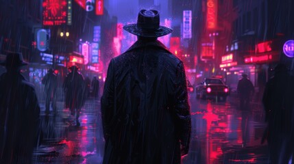 A man in a hat and coat walks down a rainy street at night. The city lights are reflected in the puddles on the ground.