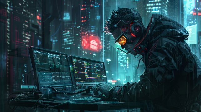 A hacker in a dark room wearing a mask and a hoodie is typing on a computer.