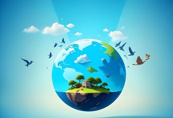 Fototapeta premium World environment day with trees mountains buildings water blue sky clouds and world globe behind all of them 3d concept