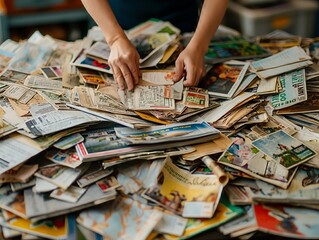 A person is sorting through a pile of papers, including magazines and newspapers. The pile is overflowing with various types of paper, and the person is reaching in to grab something