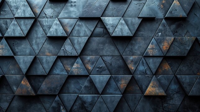 Polished, Semigloss Wall background with tiles. Triangular, tile Wallpaper with 3D, Black blocks. 3D Render