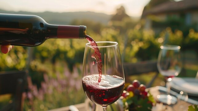 Red wine is poured into a glass against the background of a vineyard.