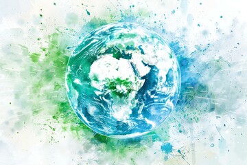 Watercolor earth globe with outline green and blue