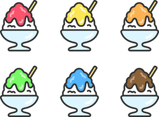 色んな味の、かき氷のアイコン（線画カラー）のイラスト