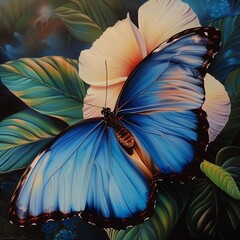 Blue Morpho Butterfly on a white flower.