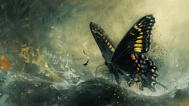 Black and yellow butterfly emerges from stormy sea.