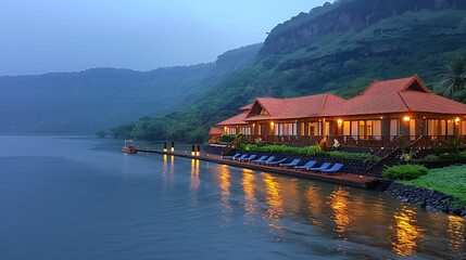 Naklejka premium A view of the lake house in rainy season