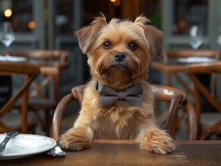 A small dog wearing a bow tie sits at a table with a plate of food. The scene is playful and lighthearted, as the dog is dressed up and he is enjoying its meal