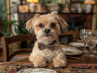 A small dog wearing a bow tie is sitting on a table with a plate of food and wine glasses