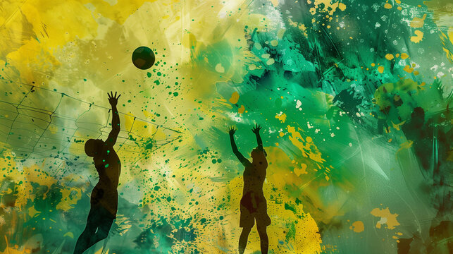 Abstract silhouettes of volleyball players in action with colorful background
