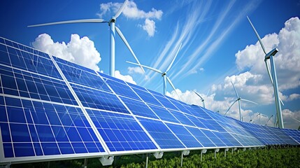 Showcase the potential of renewable energy technology in combating climate change, with an image of solar panels and wind turbines generating clean energy.