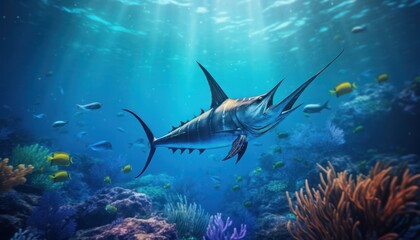 Fototapeta premium Giant Marlin fish in the ocean, beautiful view of marlin fish in the blue ocean