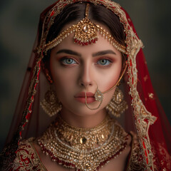 Create an image of an Indian bride on her wedding day, adorned in traditional attire. She is wearing a rich red lehenga with intricate gold embroidery. Her jewelry includes a gold nose ring, a maang t