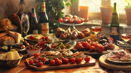 Table Overflowing With Mexican Food and Wine