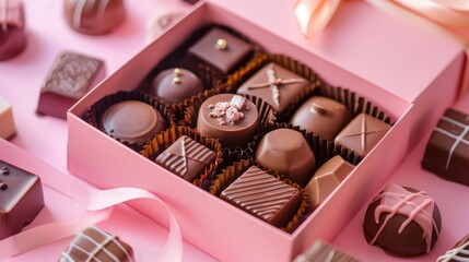 A gift box filled with exquisite craft chocolate candies rests atop a vibrant pink desktop