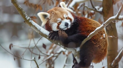 Obraz premium adorable and playful red pandas cuddling and climbing on tree branches in their natural habitat