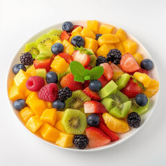 fresh and healthy fruit salad in white plate with white background.