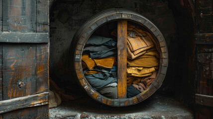 A barrel filled with folded fabrics