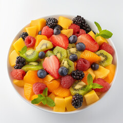 fresh and healthy fruit salad in white plate with white background.
