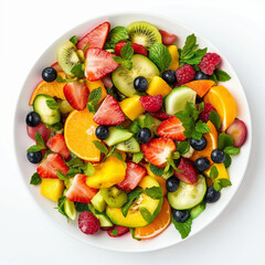 fresh and healthy fruit salad in white plate with white background.