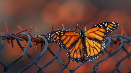 Monarch butterfly on a wire fence